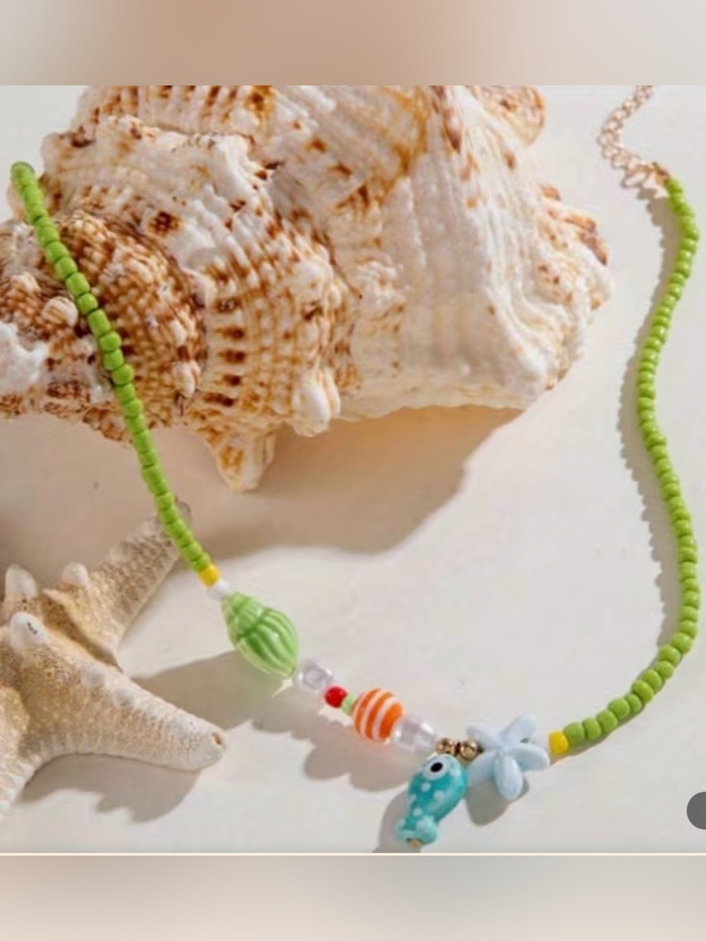 Boho Green Beaded Sea Charm Necklace NWT